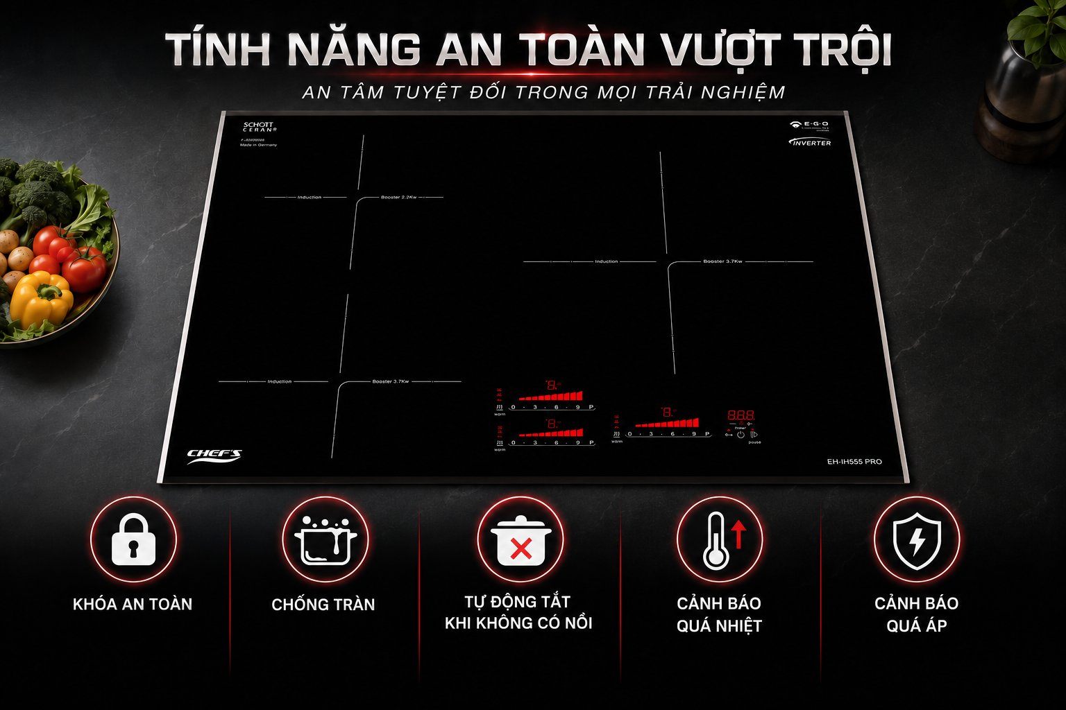 T&iacute;nh năng an to&agrave;n tr&ecirc;n bếp từ Chef's EH-IH555 PRO