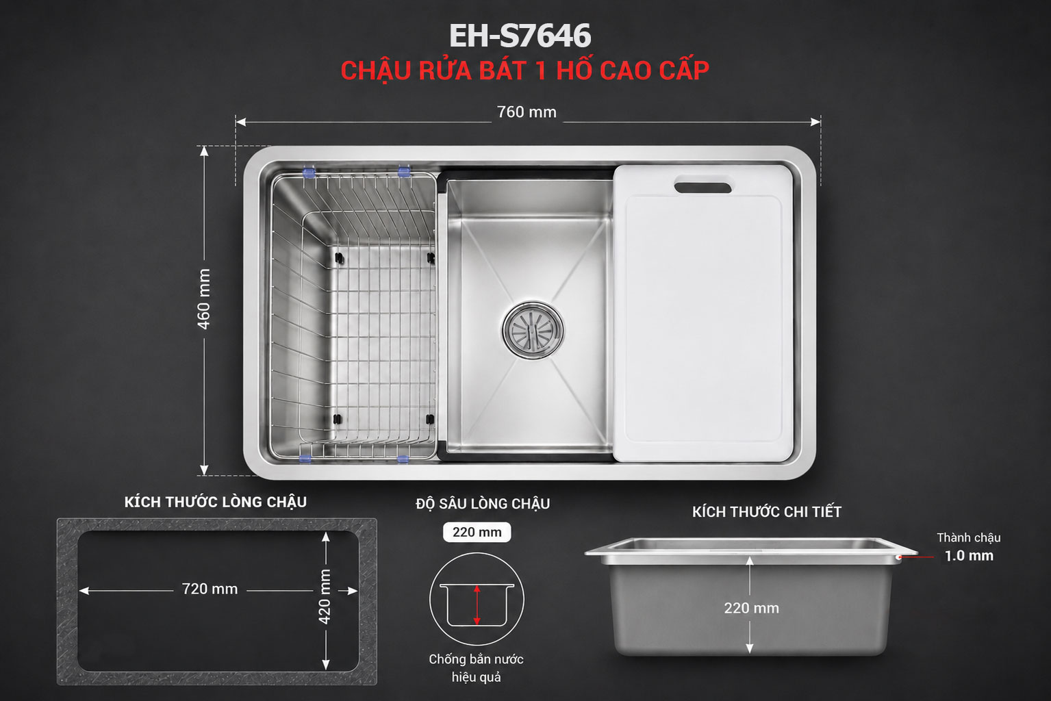 Kích thước chậu rửa bát EH-S7646