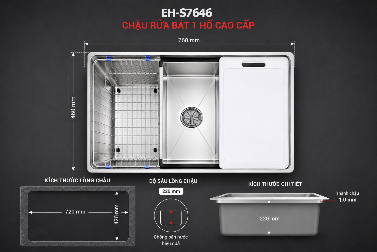 Kích thước chậu rửa bát Chef's EH-S7646