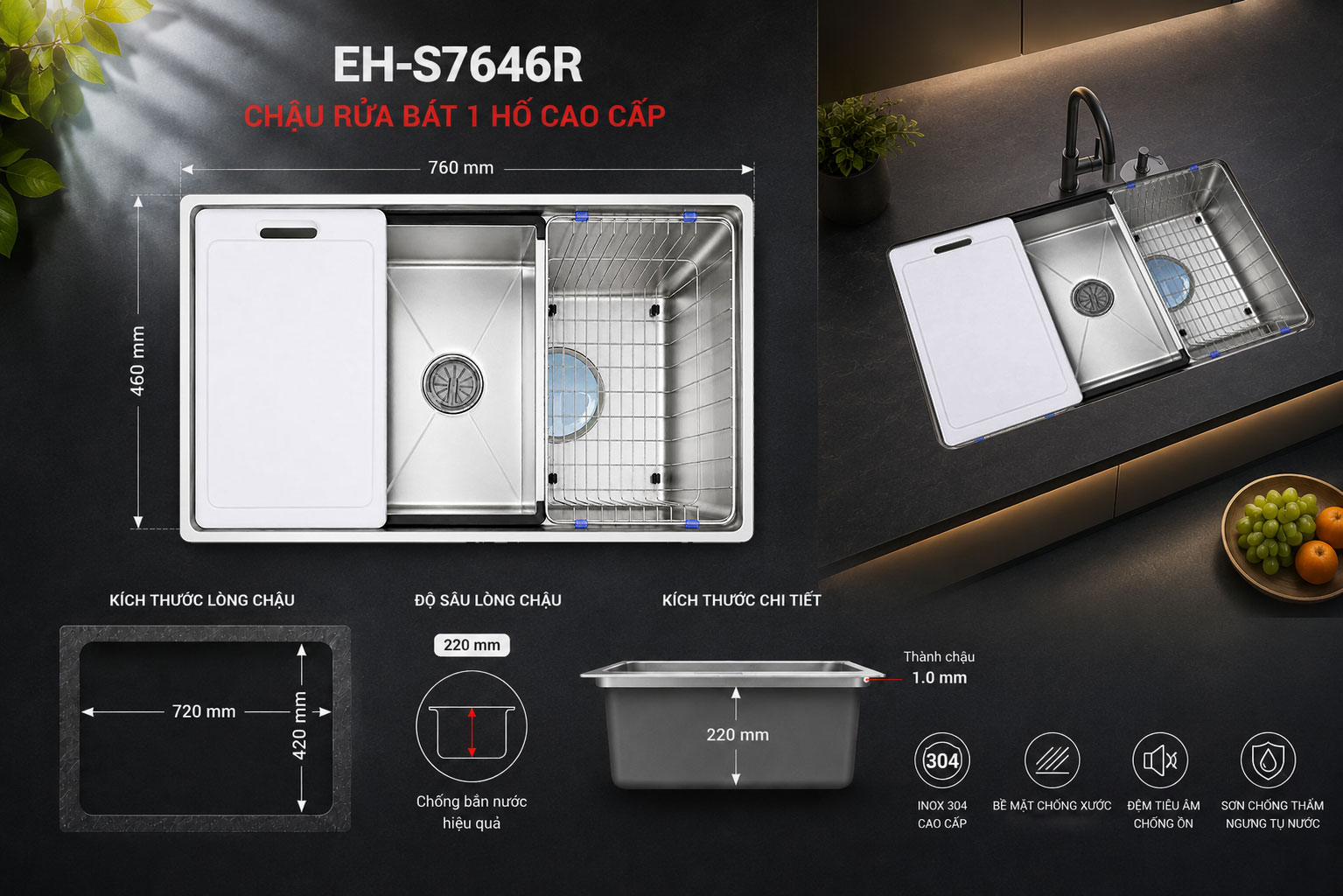 K&iacute;ch thước chậu rửa b&aacute;t Chef's EH-S7646R