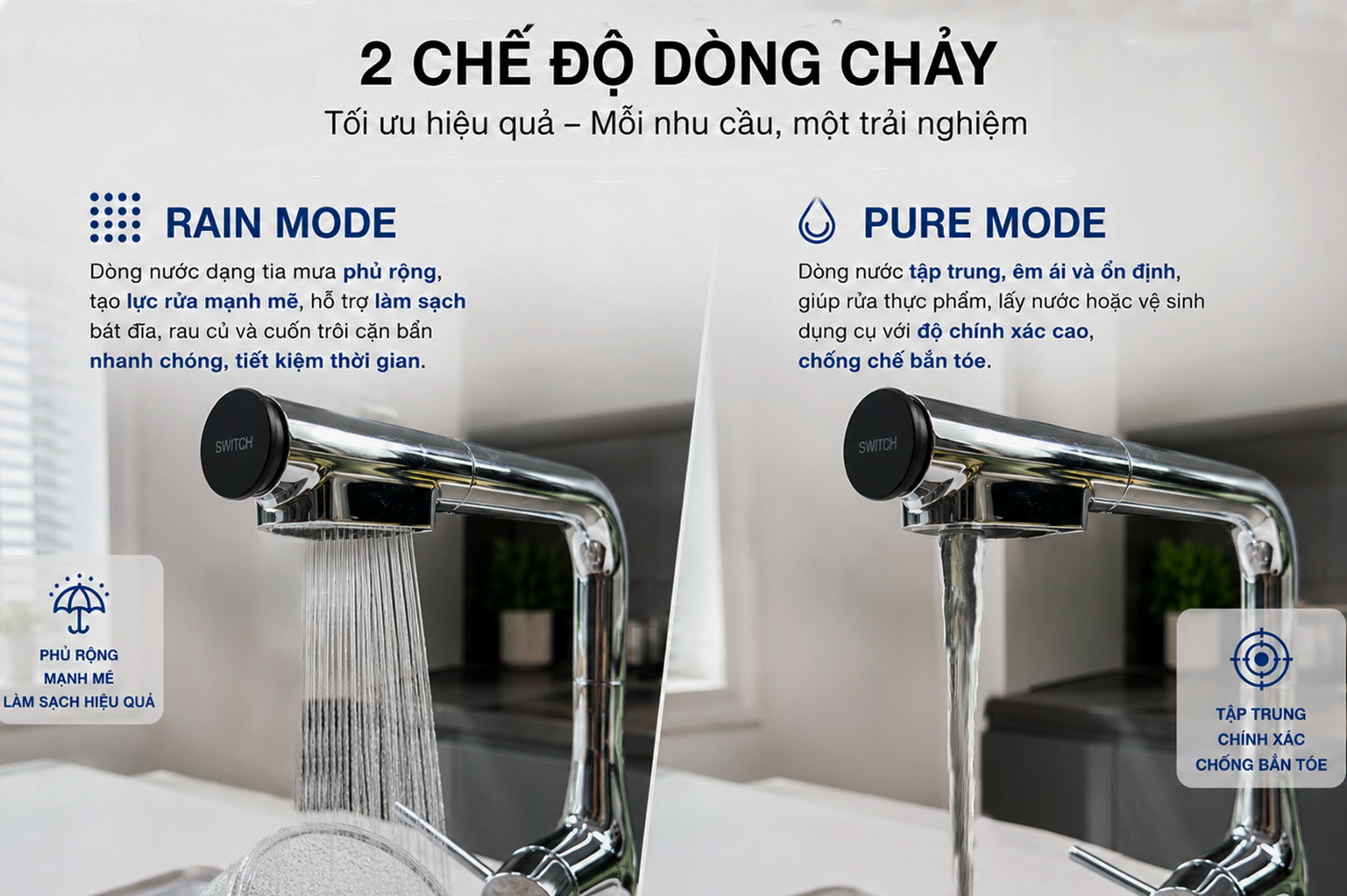 V&ograve;i rửa b&aacute;t c&oacute; 2 chế độ d&ograve;ng chảy pure mode v&agrave; rain mode