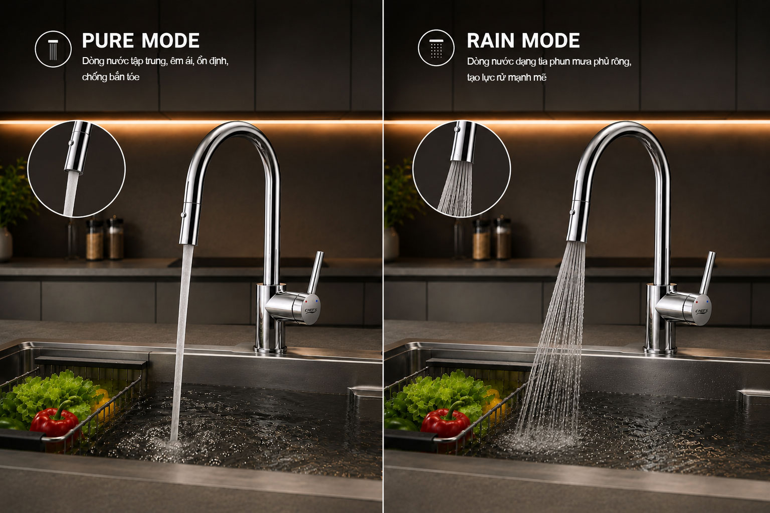 Hai chế độ d&ograve;ng chảy Pure mode v&agrave; Rain mode của v&ograve;i rửa b&aacute;t chef's EH-F3100