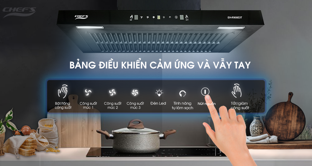 Phương thức điều khiển cảm ứng và không chạm trên máy hút mùi EH-R908E3T