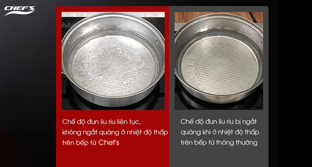 Cơ chế hoạt động tính năng đun sôi liu riu trên bếp từ Chef's so với bếp thông thường
