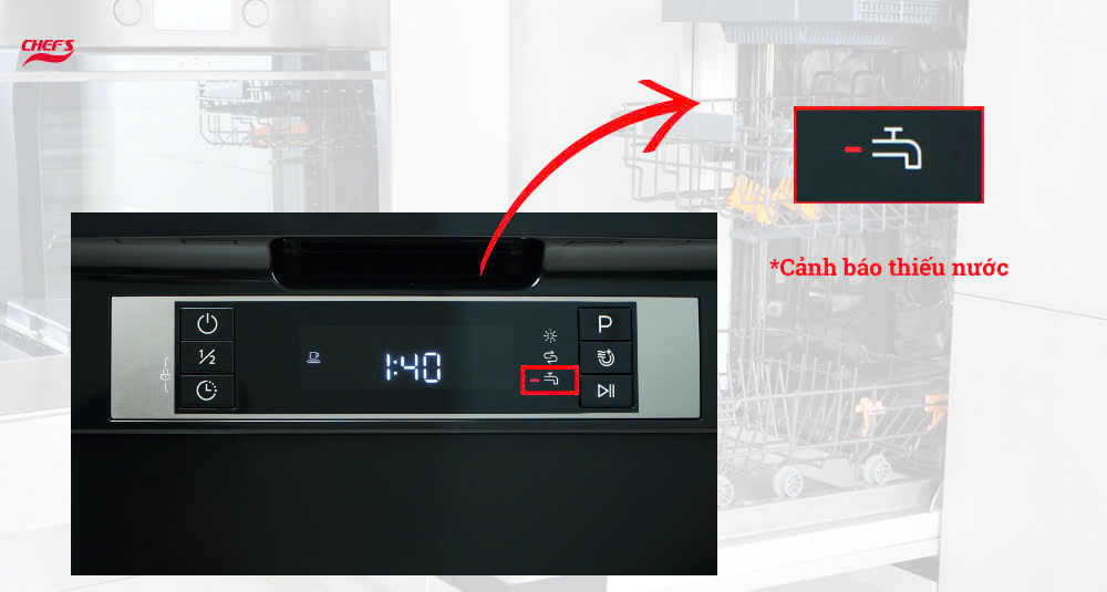 Cảnh báo chưa có nguồn nước lên ở máy rửa bát