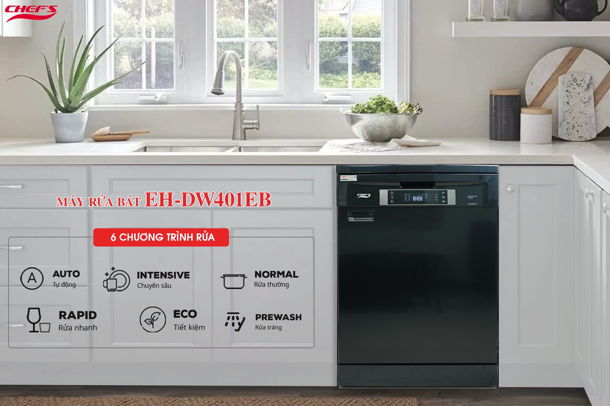 06 chương trình rửa tiện lợi trên máy rửa bát Chef's EH-DW401EB